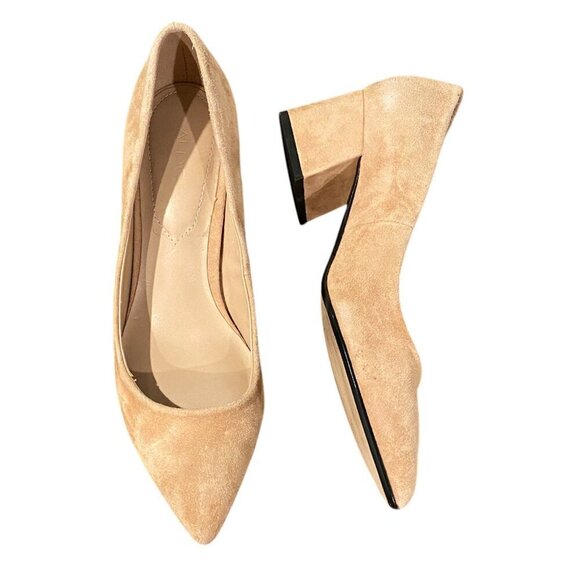 Aldo Hillers Suede 2" Block Heel Pointed Toe Pump Sz 7.5 Tan/Nude/Beige 320F - Picture 1 of 8